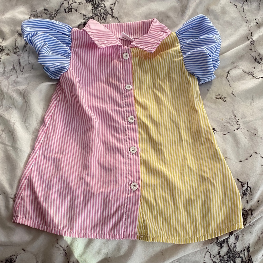 Colorful Striped Kids Dress with Puff Sleeves